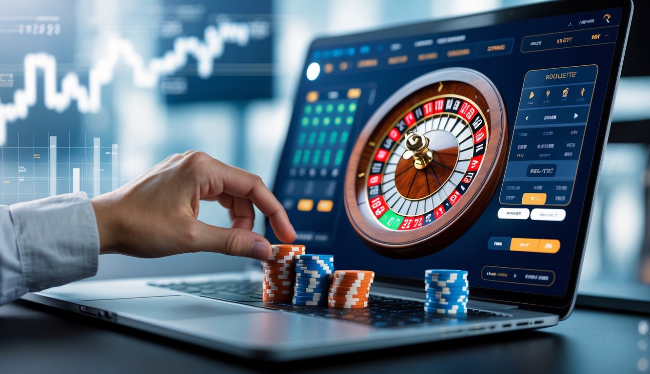 Seseorang menggunakan laptop dengan tampilan permainan roulette online dan memilih taruhan secara cerdas.