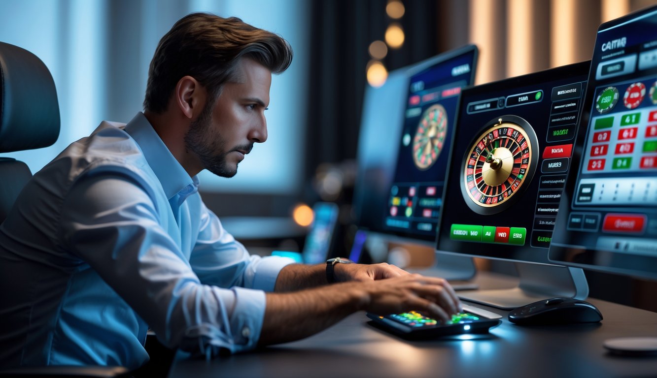 Seorang pria fokus mengatur permainan roulette online di depan beberapa layar komputer.
