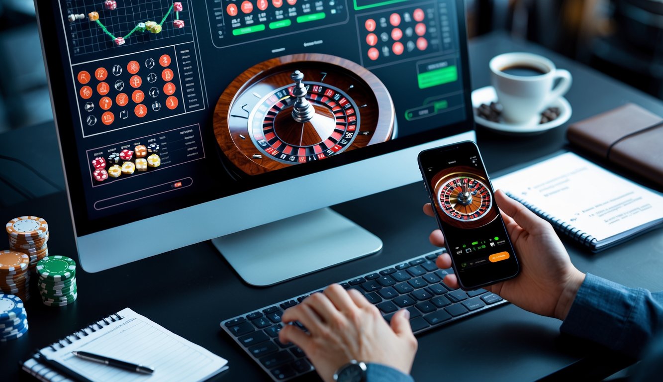 Seorang individu sedang menggunakan komputer dan ponsel untuk menganalisis permainan roulette online dengan grafik dan chip kasino di meja.