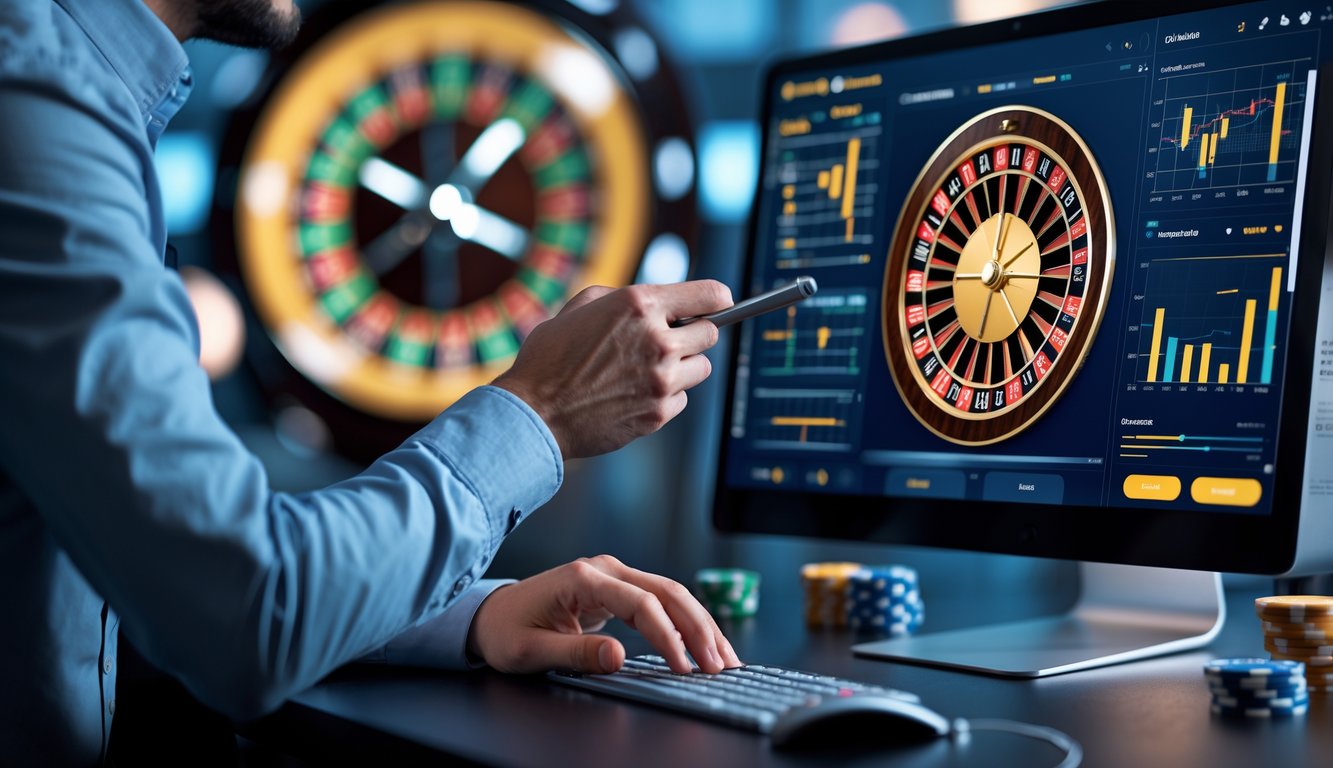 Seseorang sedang menganalisis pola putaran roulette online di depan komputer dengan grafik dan roda roulette digital.