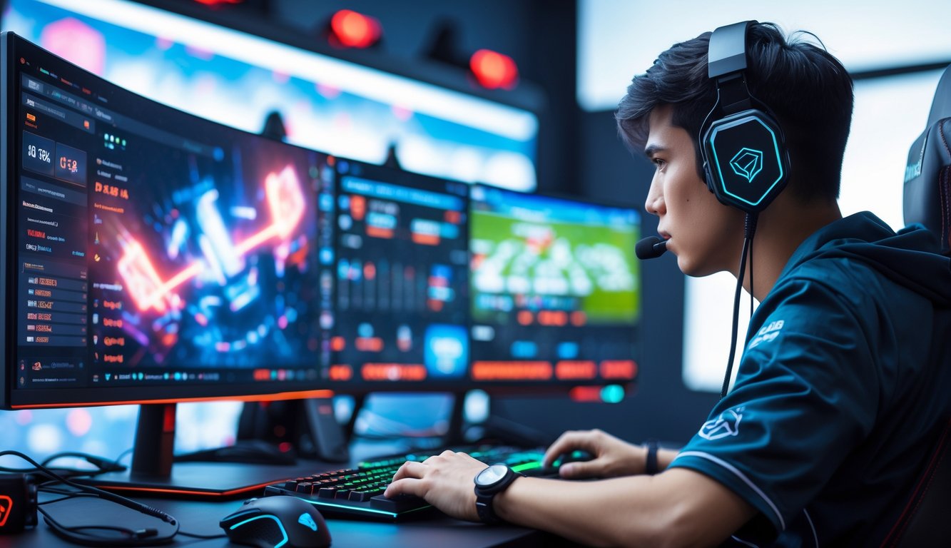Seorang pemain muda fokus duduk di depan komputer dengan headset, melihat layar komputer yang menampilkan permainan e-sports.