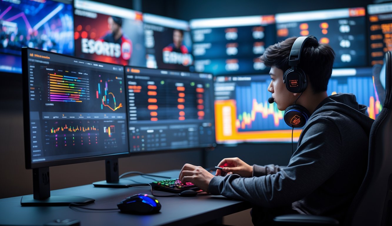 Seseorang duduk di depan beberapa monitor yang menampilkan statistik dan pertandingan esports, sedang menganalisis data dengan serius.