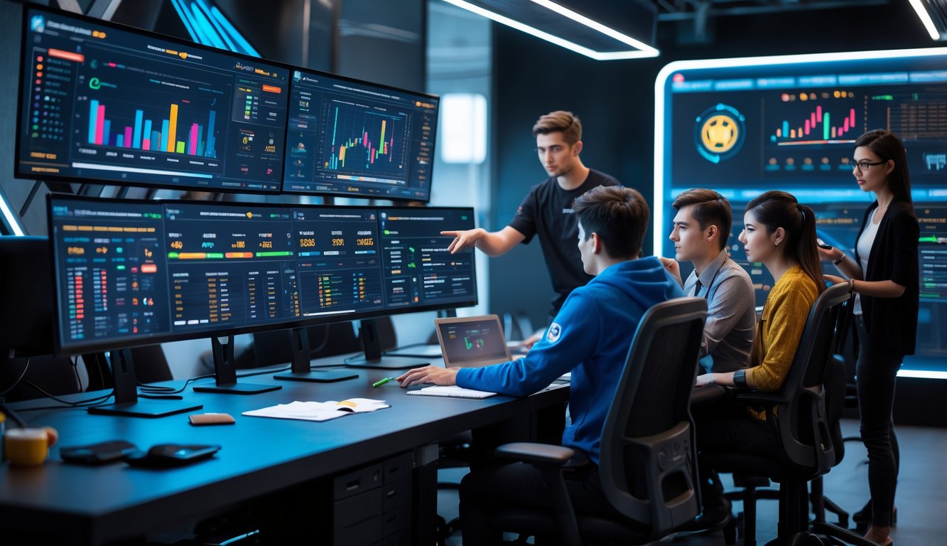 Sekelompok orang muda sedang menganalisis data performa tim dan pemain e-sports di ruang kerja dengan beberapa layar komputer.