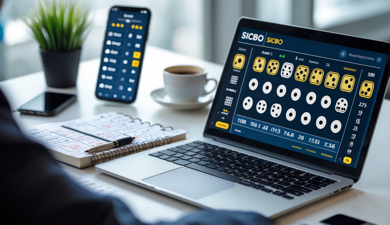 Seorang pria menggunakan laptop dengan tampilan permainan dadu Sicbo online, di meja terdapat catatan dan alat tulis untuk menganalisis pola dadu.