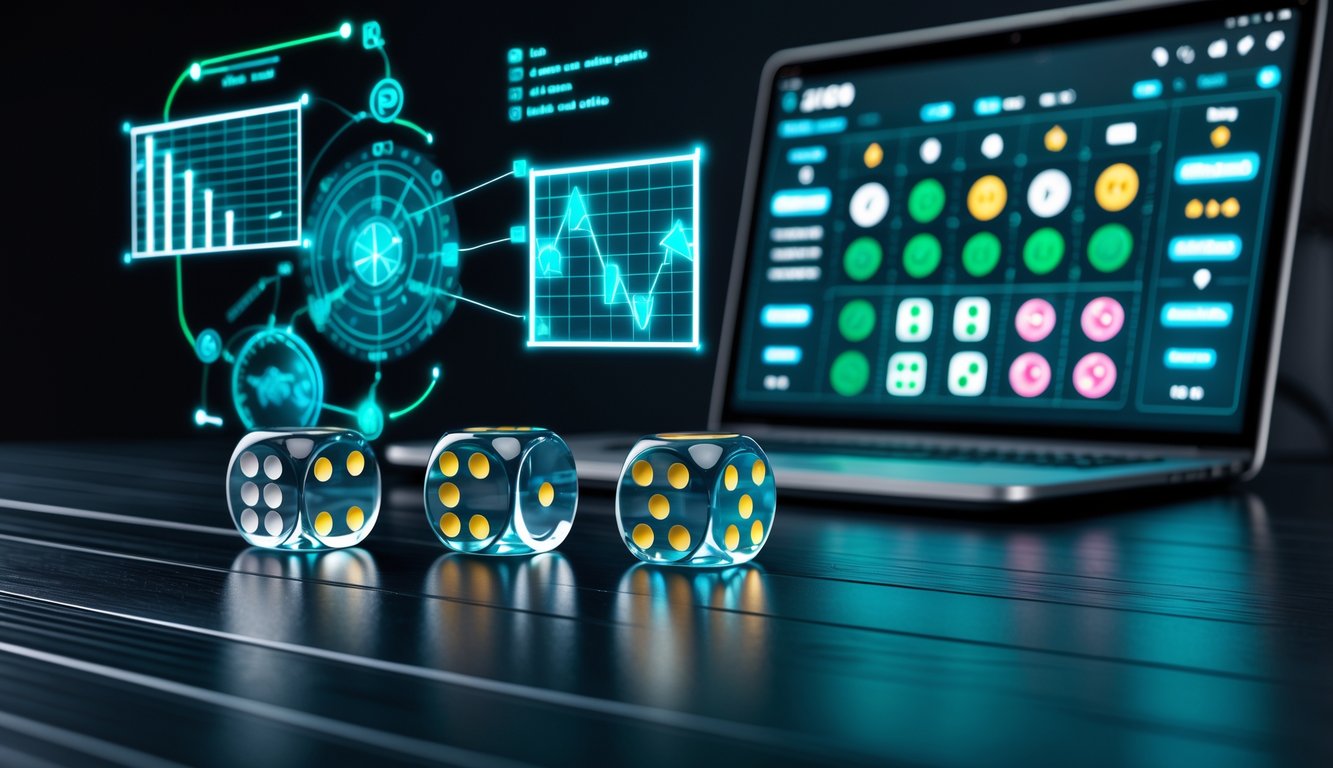 Meja dengan tiga dadu transparan sedang dilempar dan layar digital menampilkan grafik serta antarmuka permainan Sicbo online.