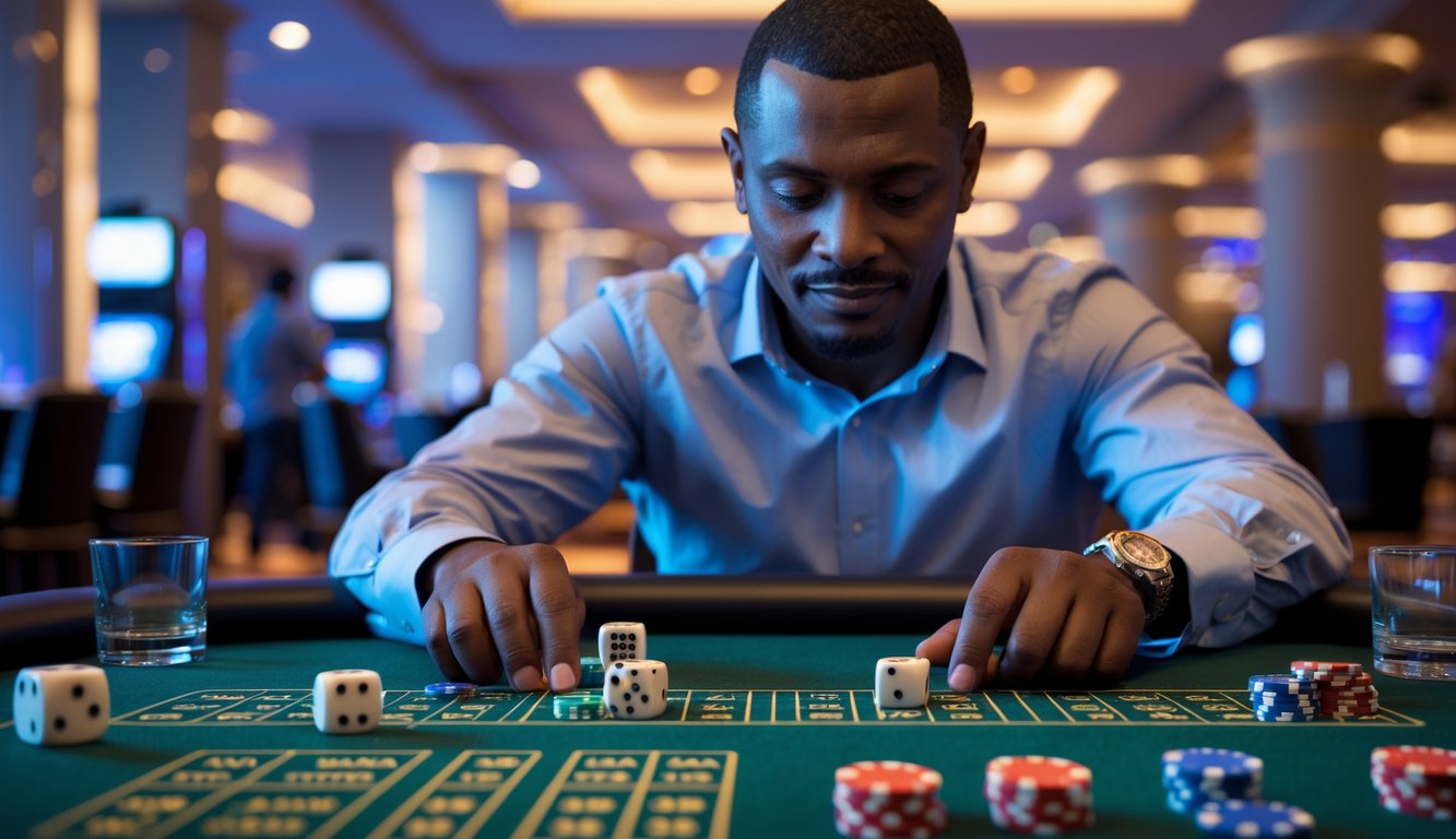 Seorang pria dewasa duduk di meja kasino bermain Sicbo dengan ekspresi fokus dan dikelilingi oleh dadu dan chip taruhan.
