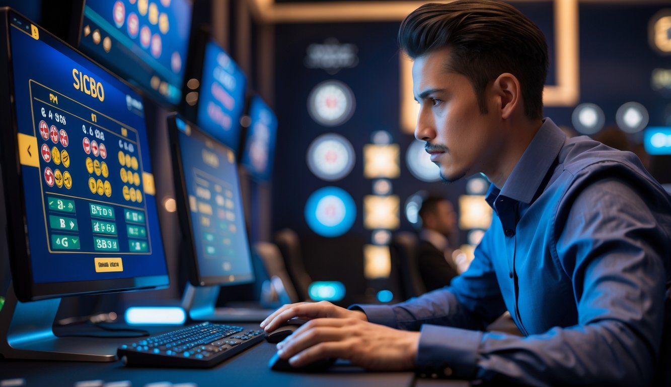 Seorang pemain berpengalaman sedang fokus bermain Sicbo online di depan layar komputer dengan dadu dan pilihan taruhan terlihat.