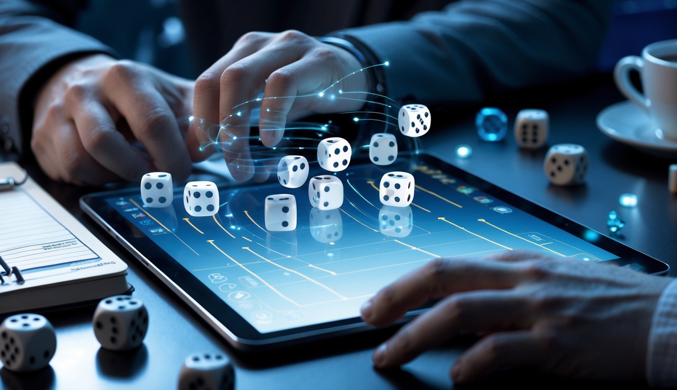 Tangan yang sedang menganalisis pola pergerakan dadu pada tablet digital di meja permainan Sicbo online.