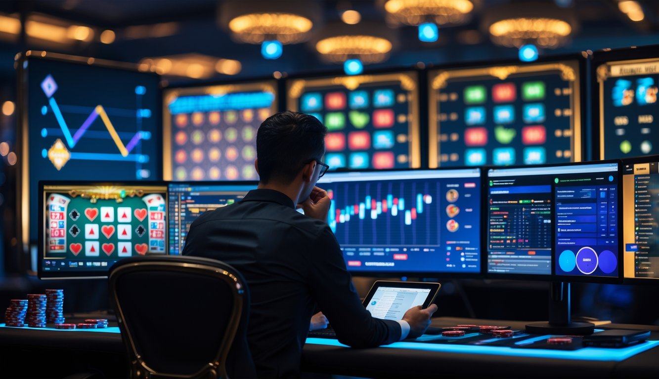 Seorang individu sedang menganalisis pola permainan pada beberapa layar komputer yang menampilkan permainan kasino online dengan grafik dan data.