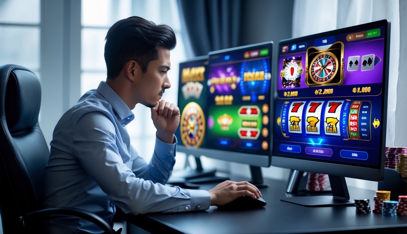 Seorang pemain ahli sedang fokus memainkan permainan kasino online di depan beberapa monitor komputer di ruangan yang nyaman.