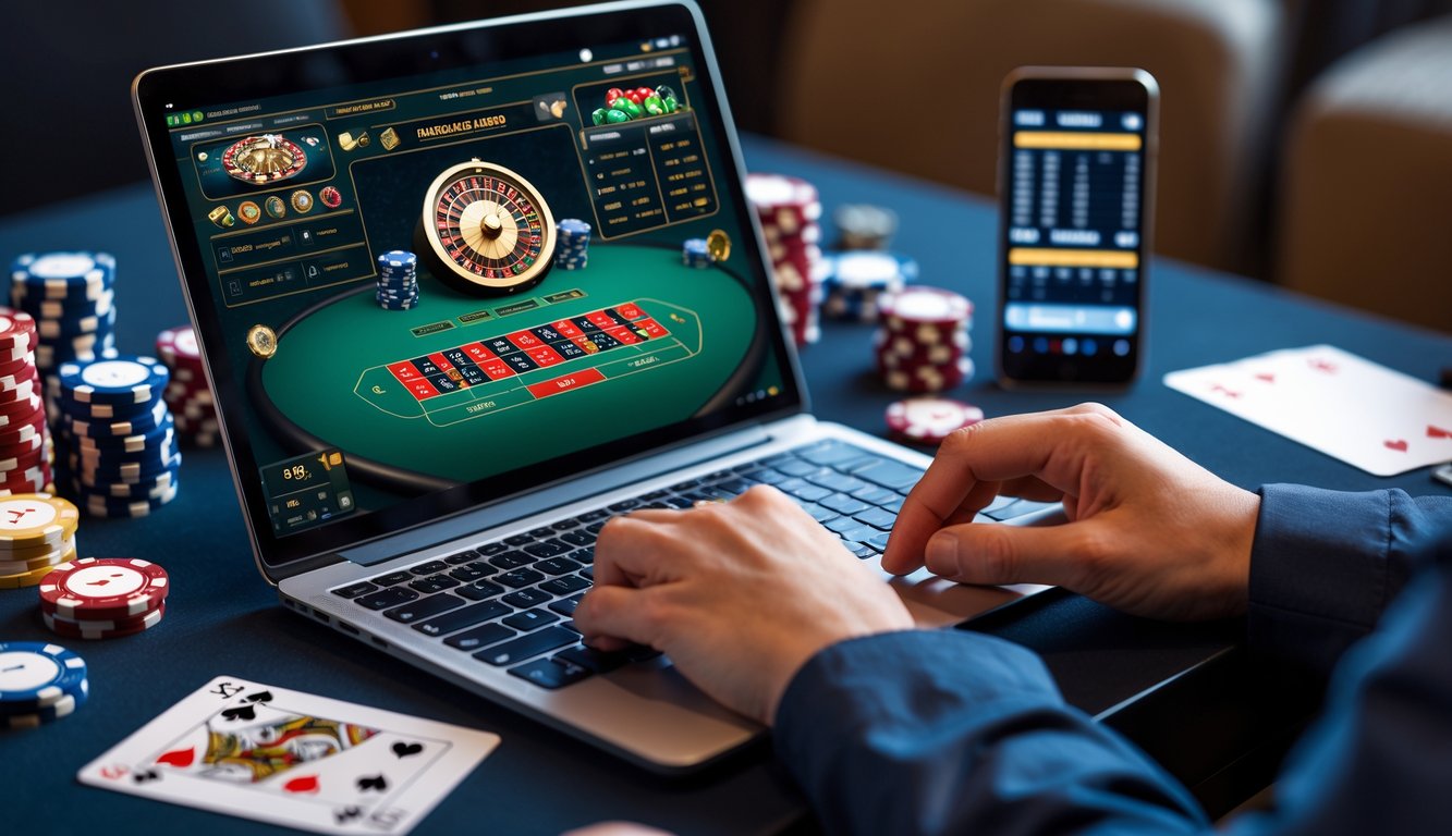 Seseorang sedang menggunakan laptop dengan tampilan permainan kasino online dan mencatat strategi di meja kerja.