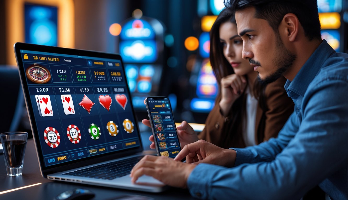 Dua orang dewasa muda duduk di depan layar komputer dan ponsel yang menampilkan permainan kasino online, sedang fokus merencanakan strategi bermain.