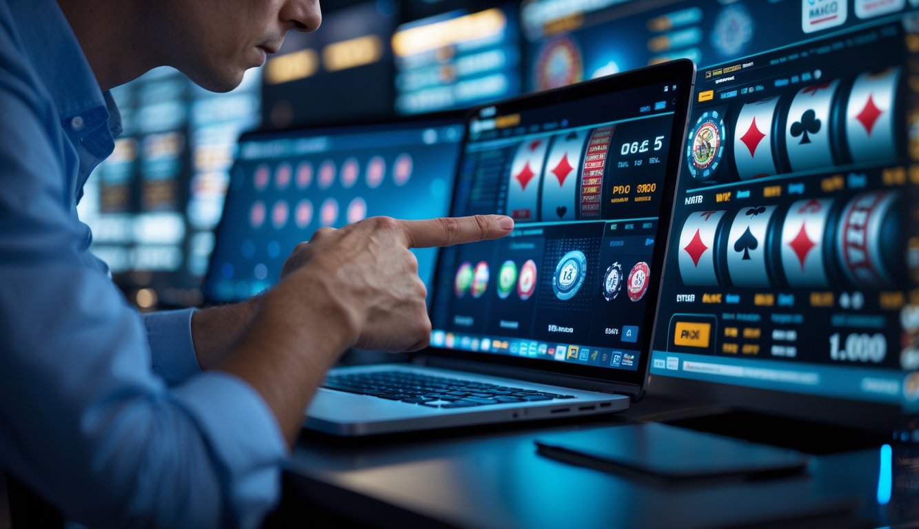 Seorang individu sedang fokus menganalisis permainan kasino online di depan laptop dengan layar yang menampilkan berbagai permainan kasino digital.