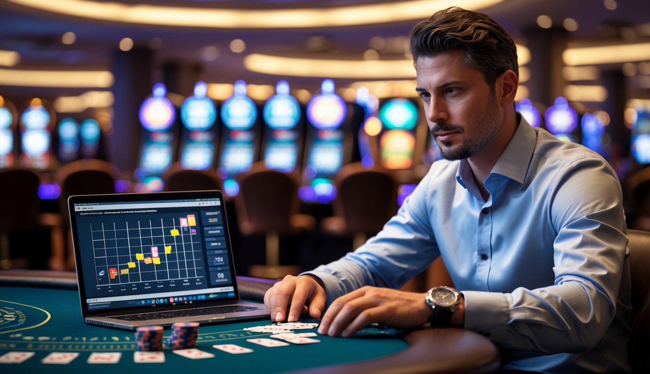 Seorang pria dewasa duduk di meja kasino, memperhatikan kartu dan chip dengan ekspresi fokus di lingkungan kasino yang remang-remang.