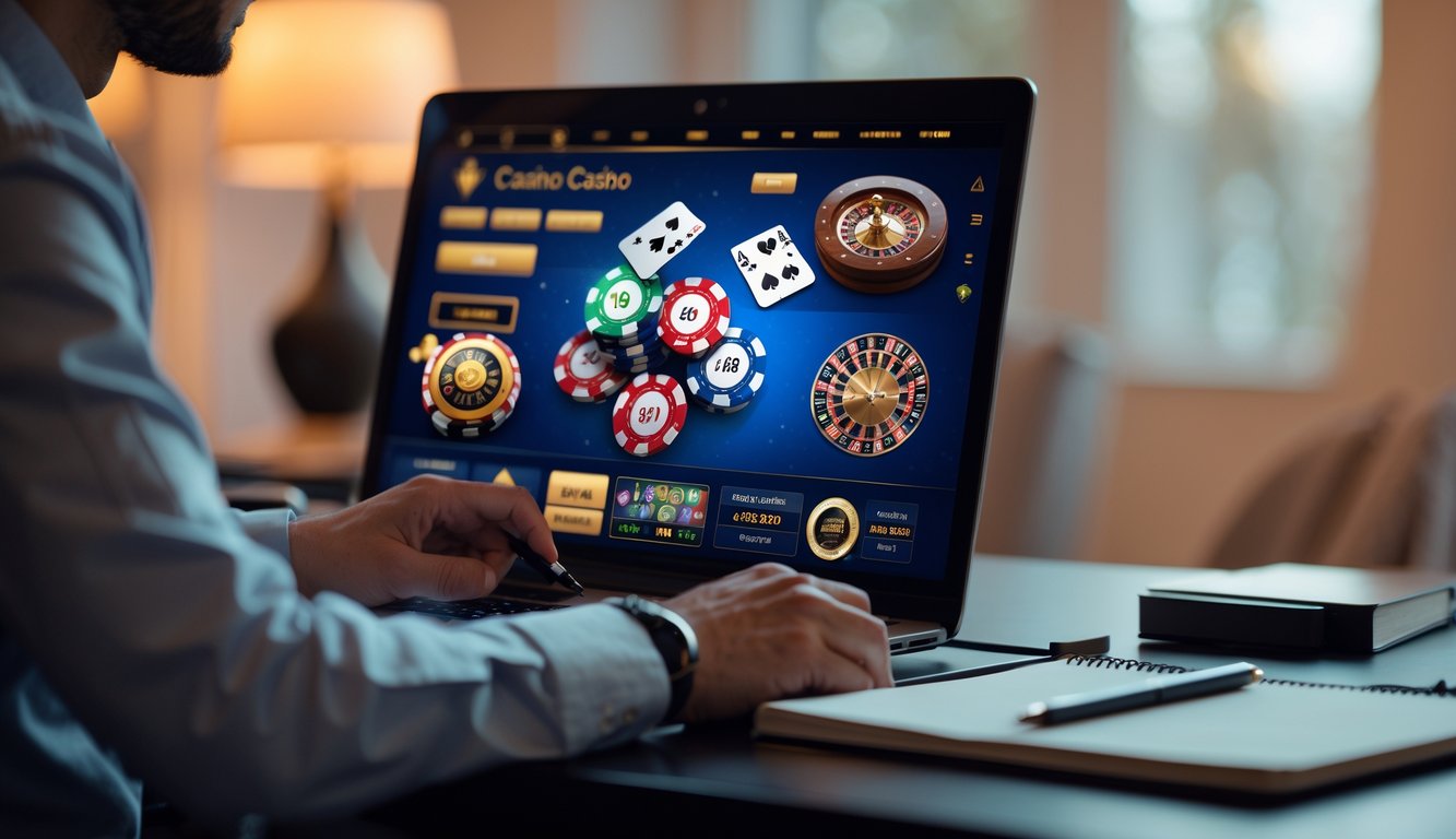 Seorang pemain berpengalaman sedang fokus mengatur strategi bermain casino online di depan laptop dengan suasana ruangan yang tenang.
