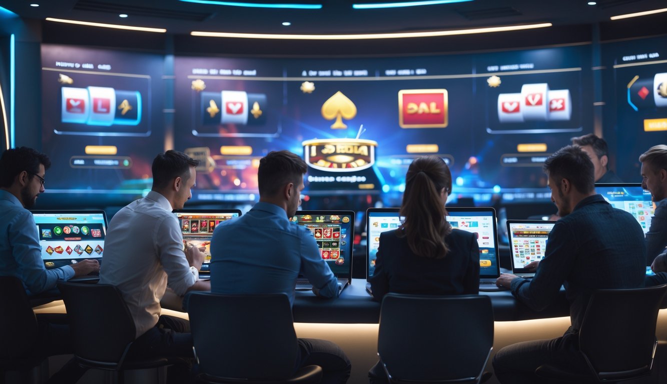 Beberapa orang menggunakan perangkat digital untuk bermain dan memilih permainan kasino online di lingkungan modern.