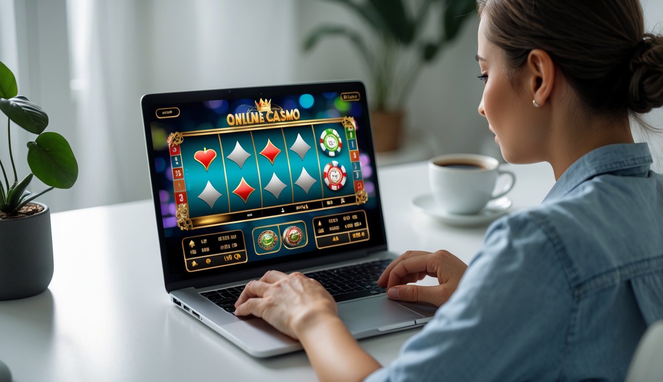 Seseorang yang fokus bermain permainan kasino online di depan laptop di ruangan yang nyaman.