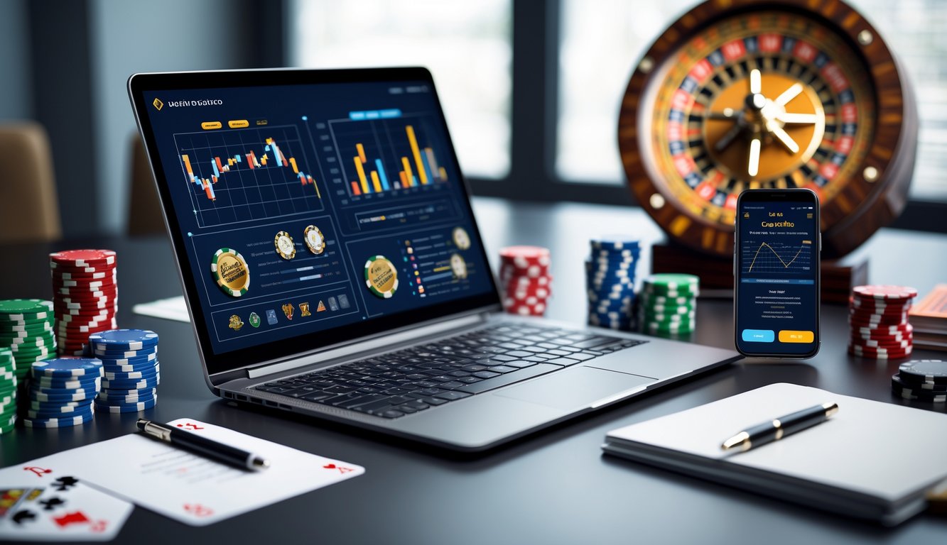 Seorang profesional sedang bekerja dengan laptop yang menampilkan grafik dan catatan di meja, dengan elemen kasino seperti chip dan kartu di latar belakang.