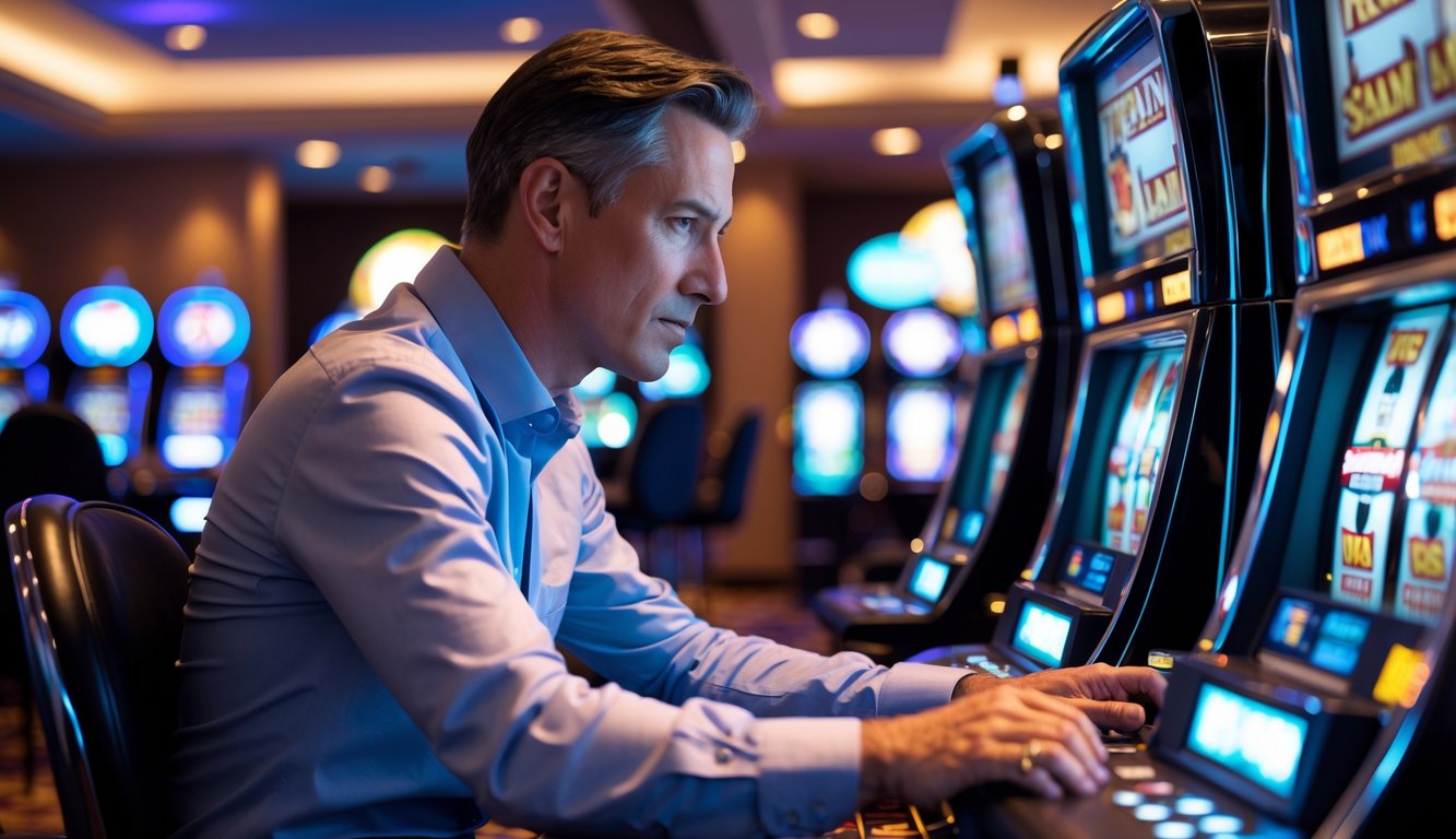 Seorang pria dewasa duduk di depan mesin slot di kasino, fokus dan tenang saat bermain.