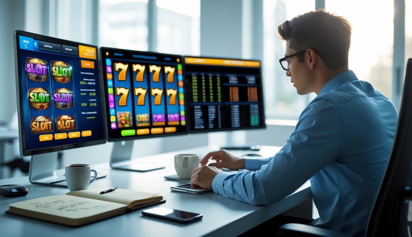 Seseorang sedang fokus mengamati pola permainan slot online di layar komputer di ruang kerja modern.