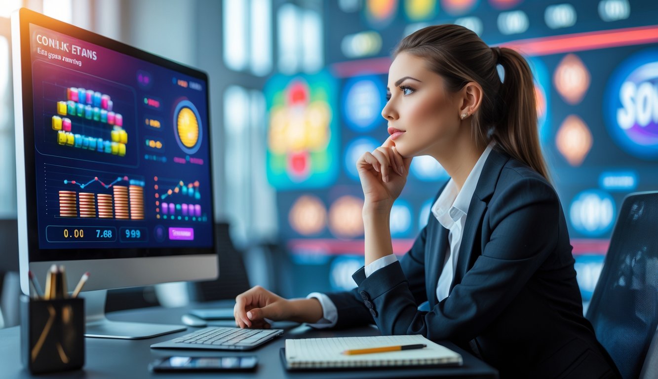 Seorang wanita muda duduk di depan komputer sambil menganalisis grafik dan pola permainan slot online di kantor modern.