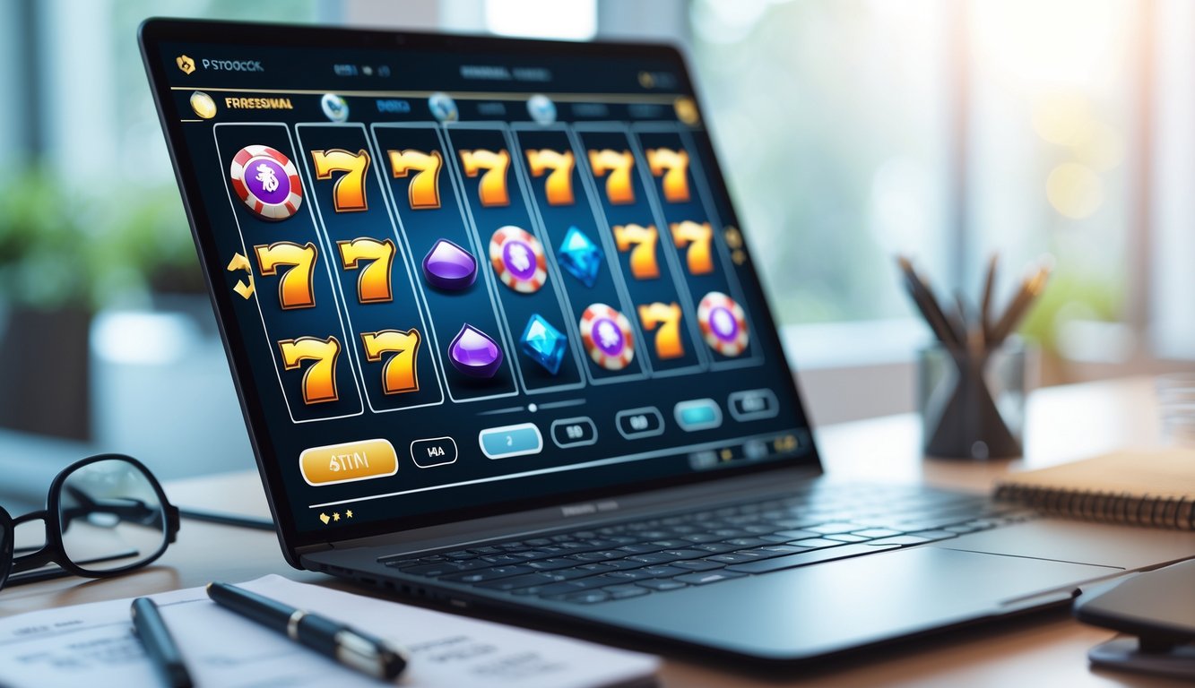 Seorang pemain duduk di depan komputer dengan layar menampilkan gulungan mesin slot berwarna-warni dan beberapa simbol penting yang disorot, di meja terdapat buku catatan, pena, dan kacamata.