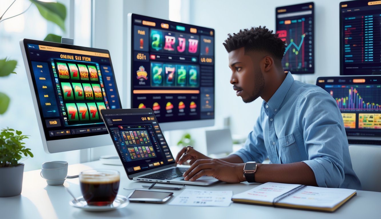 Seorang dewasa muda fokus menganalisis data permainan slot online di laptop dengan beberapa layar digital di sekitarnya yang menampilkan grafik dan statistik permainan.