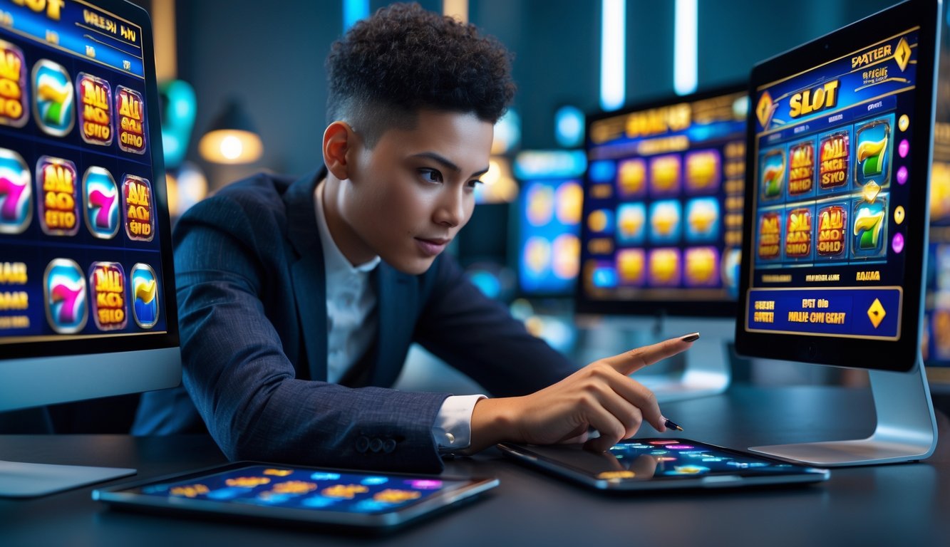 Seorang individu fokus menganalisis pola pada beberapa layar mesin judi slot online di ruang modern dengan perangkat digital di meja.