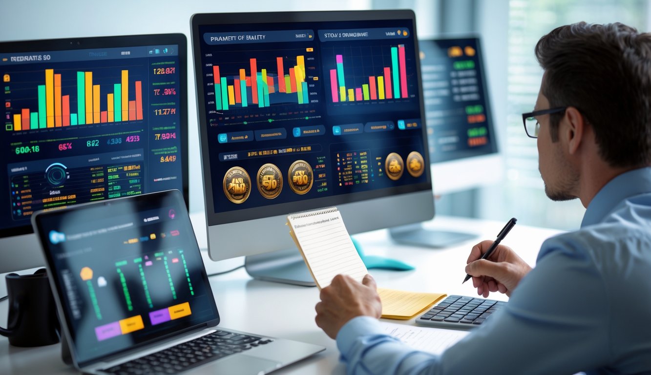 Seseorang sedang menganalisis data di depan beberapa layar komputer dengan grafik dan permainan slot online di kantor modern.