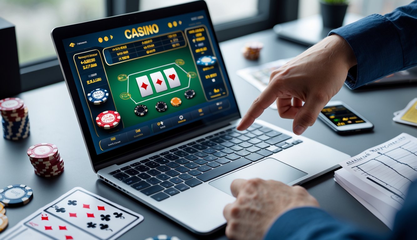 Meja kerja dengan laptop yang menampilkan permainan kasino online, buku catatan dengan grafik, dan tangan menunjuk layar laptop.