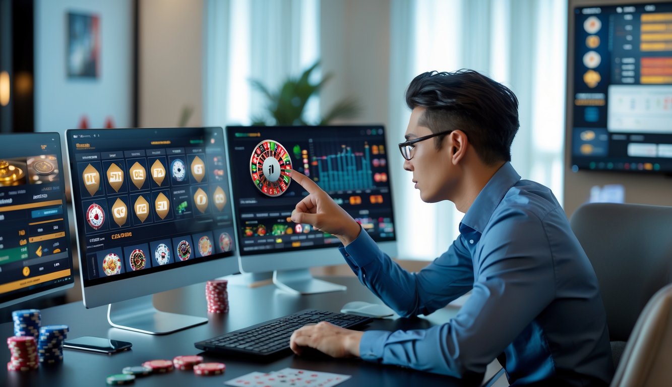 Seorang individu fokus menganalisis strategi permainan kasino online dengan beberapa layar digital yang menampilkan permainan dan grafik ritme permainan.