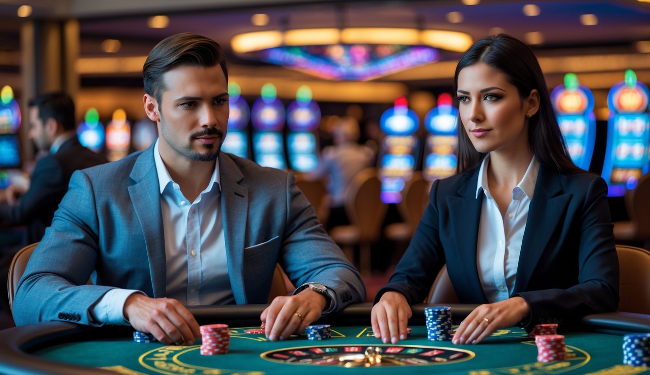 Seorang pria dan wanita duduk di meja kasino dengan chip poker dan kartu, fokus bermain game kasino.