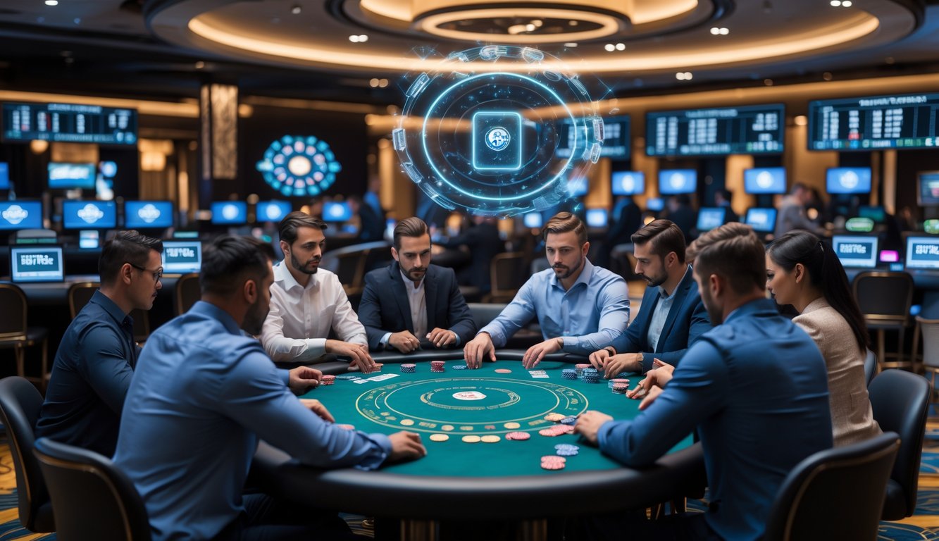 Sekelompok orang duduk di meja kasino dengan perangkat digital, fokus membuat keputusan dalam permainan kasino online.