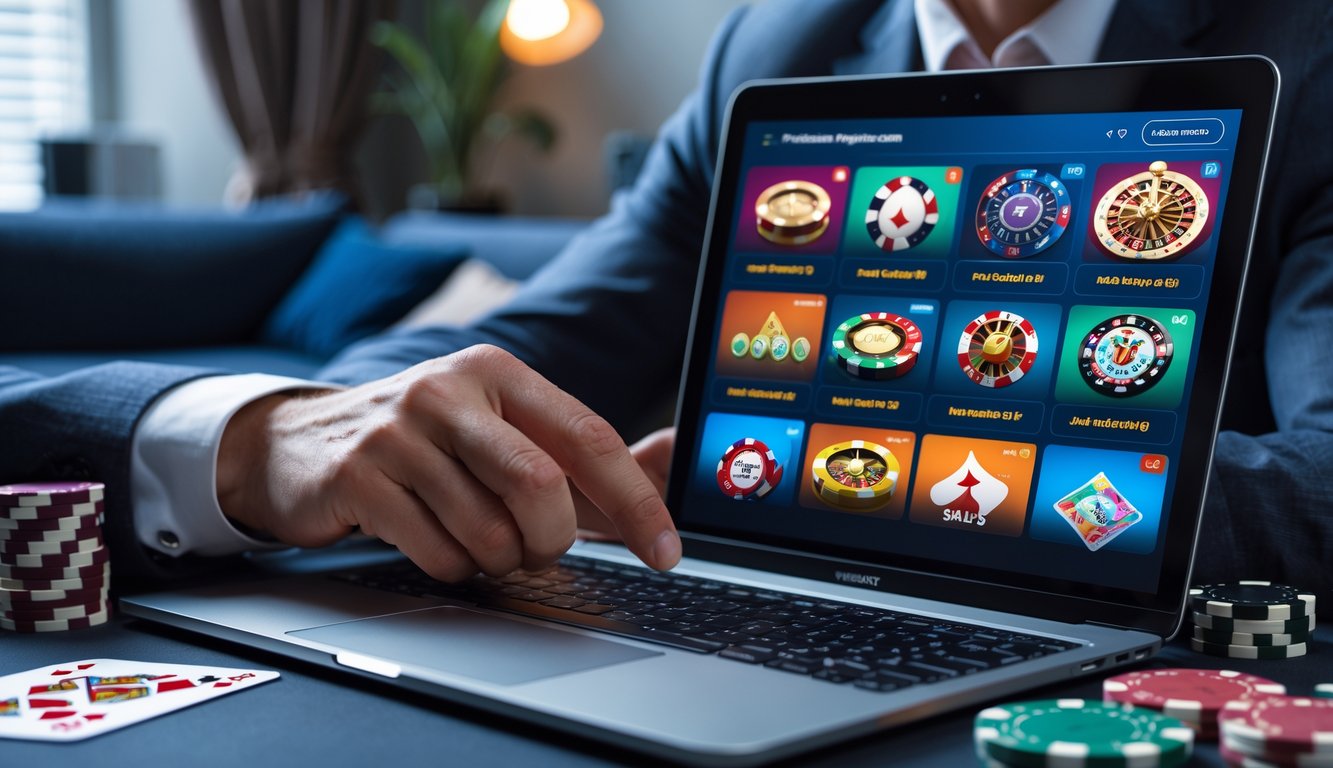 Seorang pemain berpengalaman sedang memilih permainan kasino online di laptop di dalam ruangan modern.