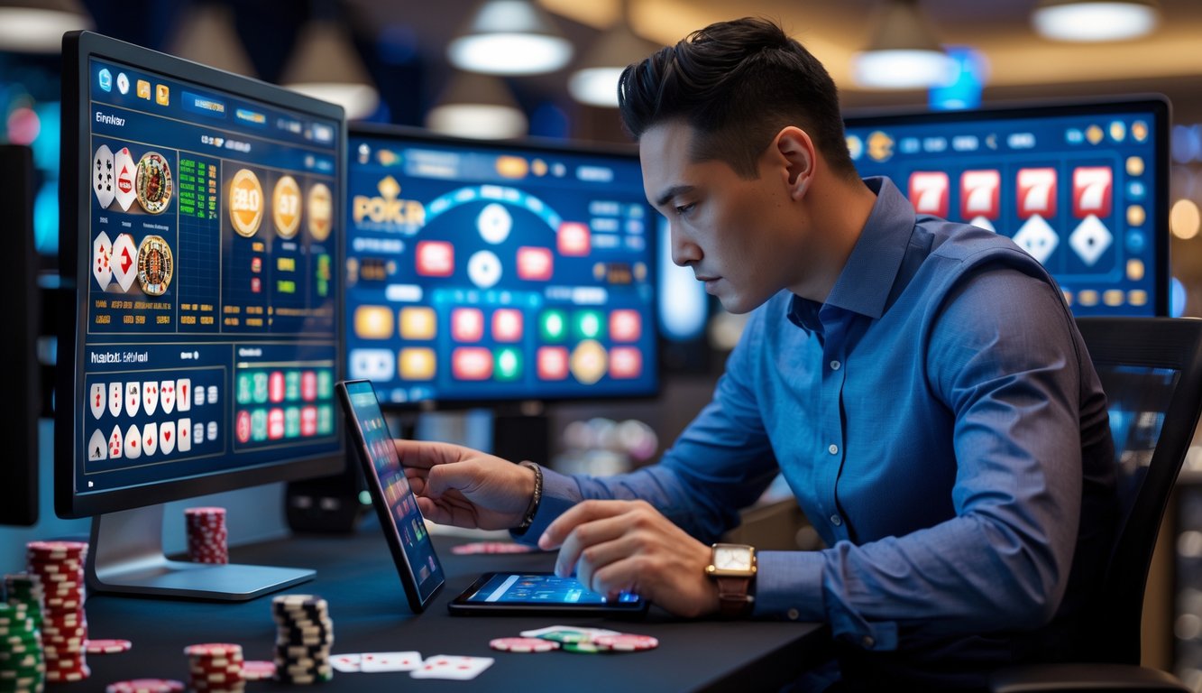 Seseorang yang fokus merencanakan strategi permainan di depan beberapa layar komputer dengan permainan casino online.