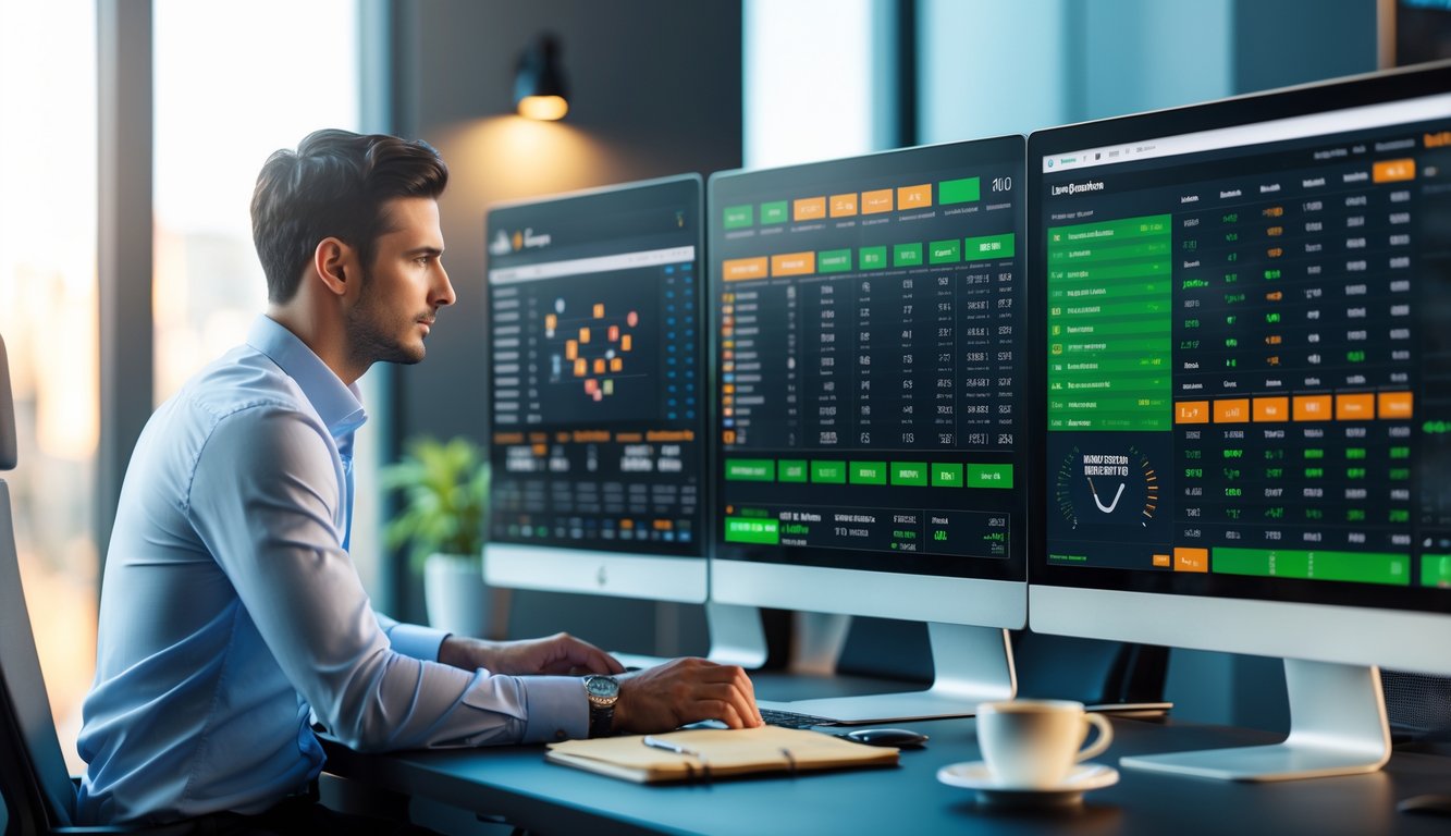 Seorang pria sedang menganalisis data pertandingan olahraga di depan beberapa layar komputer di ruang kerja modern.