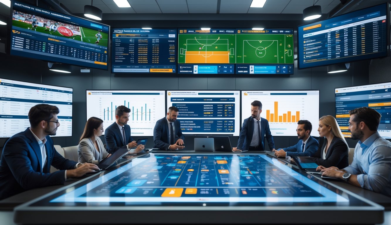 Sekelompok analis sedang bekerja bersama di ruang kantor modern dengan layar besar menampilkan data statistik tim dan pemain dalam dunia taruhan olahraga.
