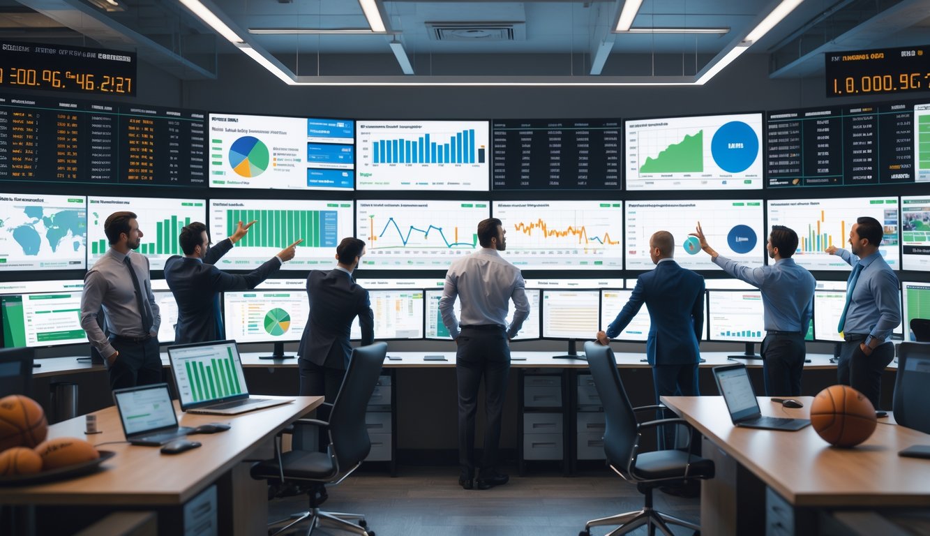 Sekelompok profesional sedang menganalisis data dan grafik di layar komputer dalam ruang kerja modern untuk mengambil keputusan dalam judi sportsbook.