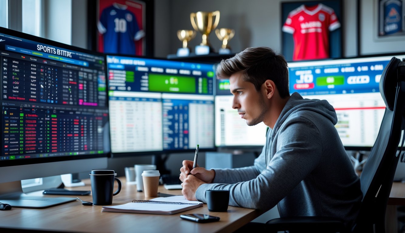 Seorang pria muda duduk di meja dengan beberapa layar komputer menampilkan taruhan olahraga dan acara olahraga langsung, sedang menganalisis data dan mencatat strategi.