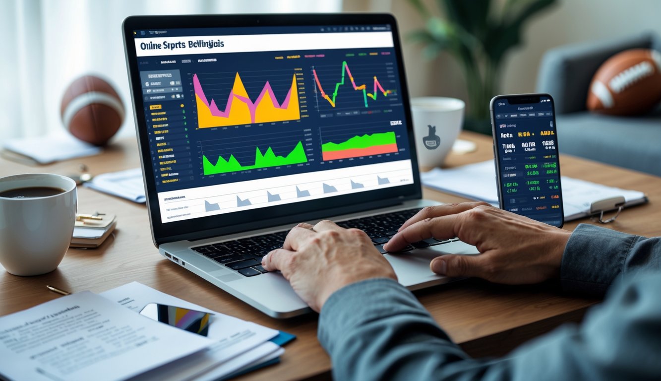 Seorang pria di meja kerja menggunakan laptop dengan grafik dan catatan untuk menganalisis tren pertandingan sepak bola dalam judi online.