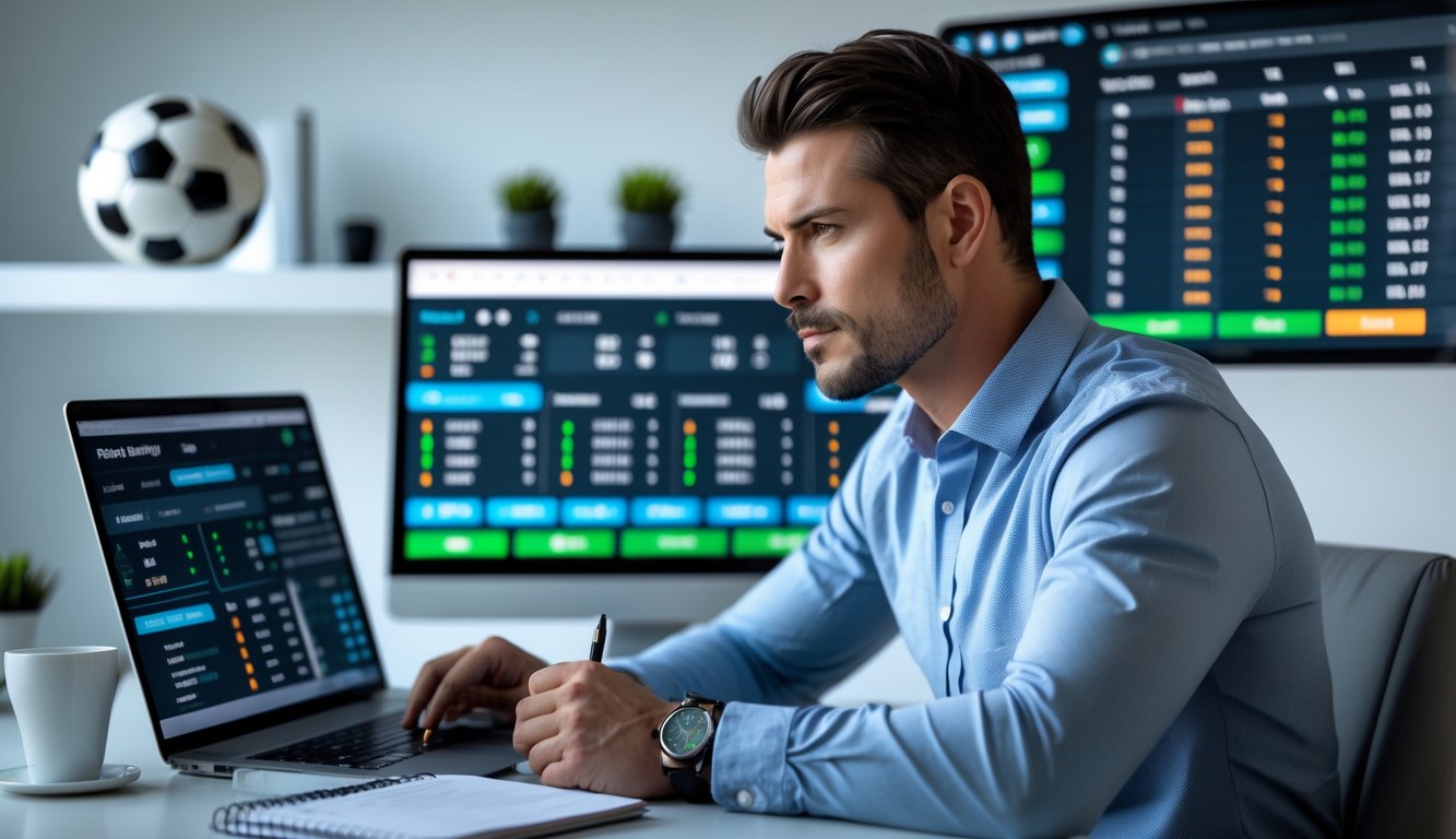 Seorang pria fokus menggunakan laptop dengan layar menampilkan statistik dan peluang taruhan sepak bola online di ruang kerja yang rapi.
