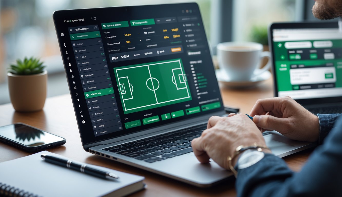 Seseorang sedang fokus menganalisis data pertandingan sepak bola di depan laptop dengan catatan dan telepon di meja.
