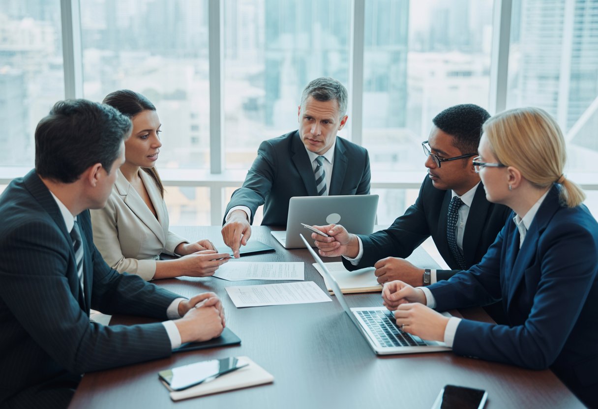 Management buy-out: juridische aandachtspunten volledig uitgelegd 1 Een groep zakelijke professionals in formele kleding zit rond een vergadertafel en bespreekt documenten in een kantoor met uitzicht op de stad.
