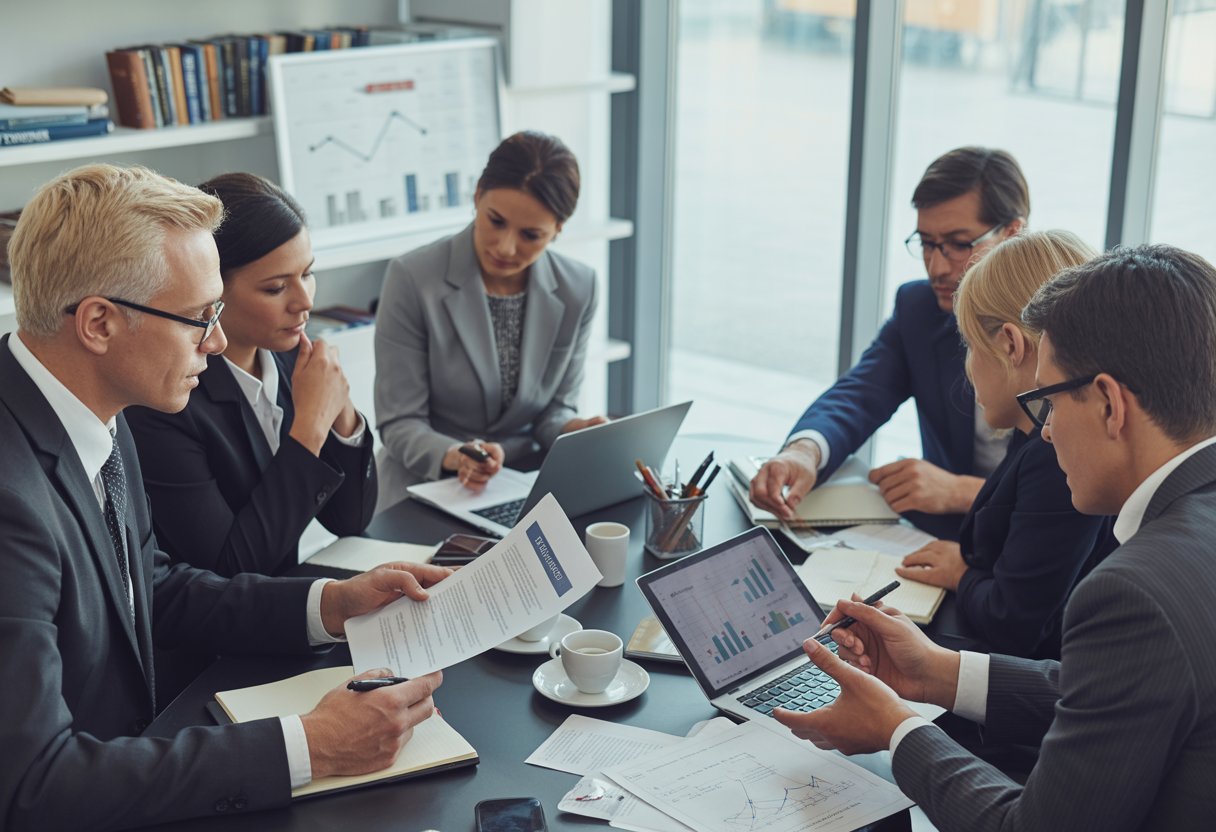 Management buy-out: juridische aandachtspunten volledig uitgelegd 2 Een groep zakelijke professionals die in een vergaderruimte rond een tafel zit en documenten bespreekt over een management buy-out.
