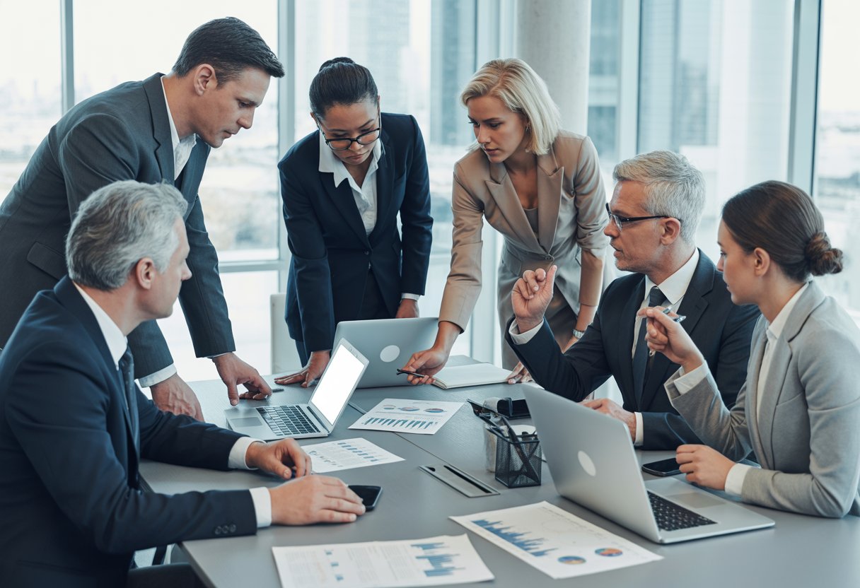 Management buy-out: juridische aandachtspunten volledig uitgelegd 3 Een groep zakelijke professionals bespreekt documenten aan een vergadertafel in een modern kantoor.