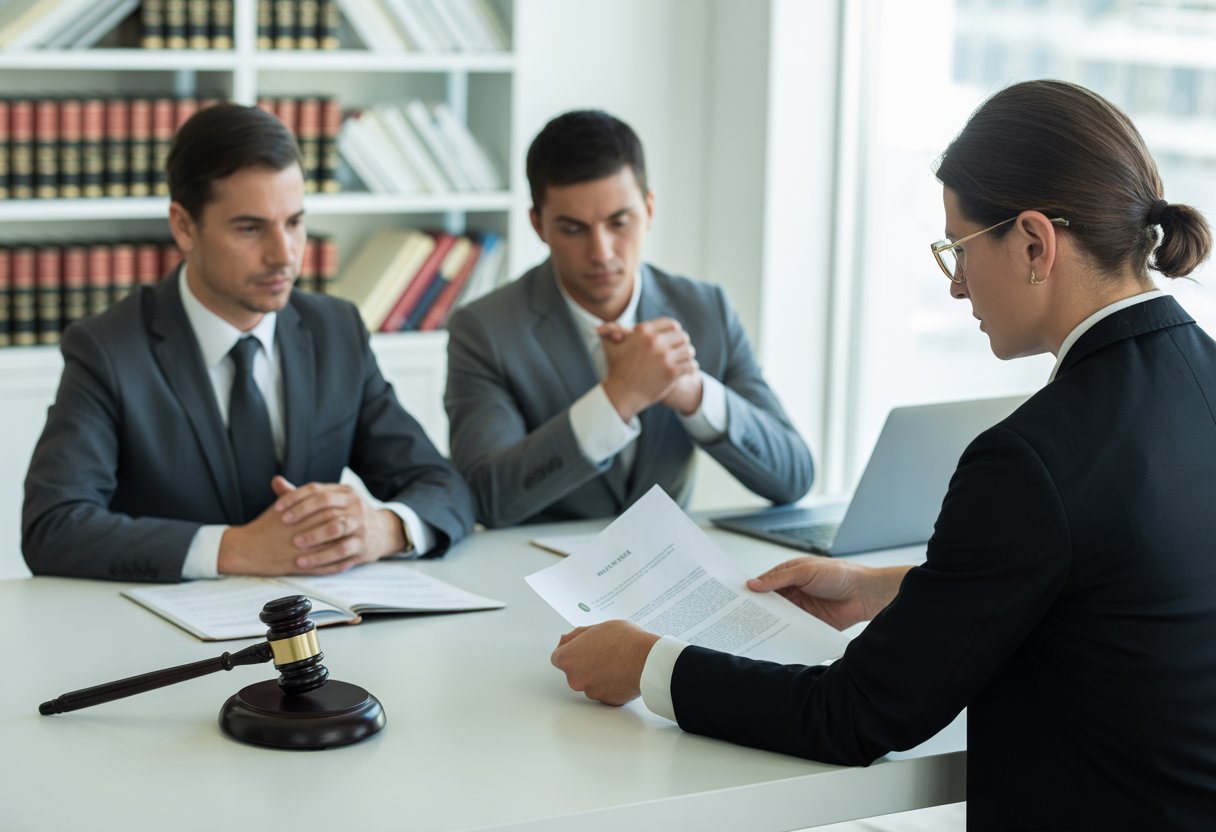 Wanneer kunt u een medeaandeelhouder uitkopen via de rechter? Uw juridische gids 1 Een advocaat bespreekt juridische documenten terwijl twee zakenpartners in gesprek zijn in een kantooromgeving.
