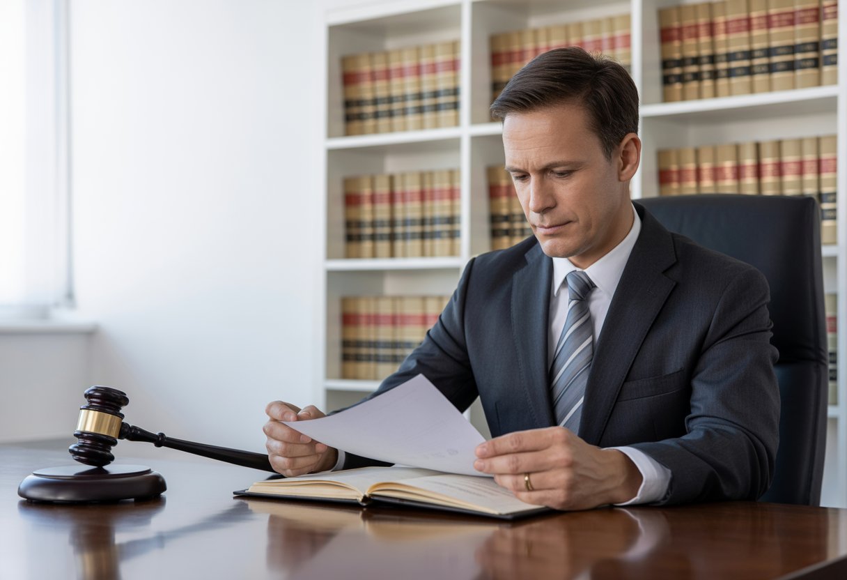 Wanneer kunt u een medeaandeelhouder uitkopen via de rechter? Uw juridische gids 3 Een zakelijk persoon in een pak bekijkt juridische documenten in een rechtszaal met een hamer en boeken op de achtergrond.