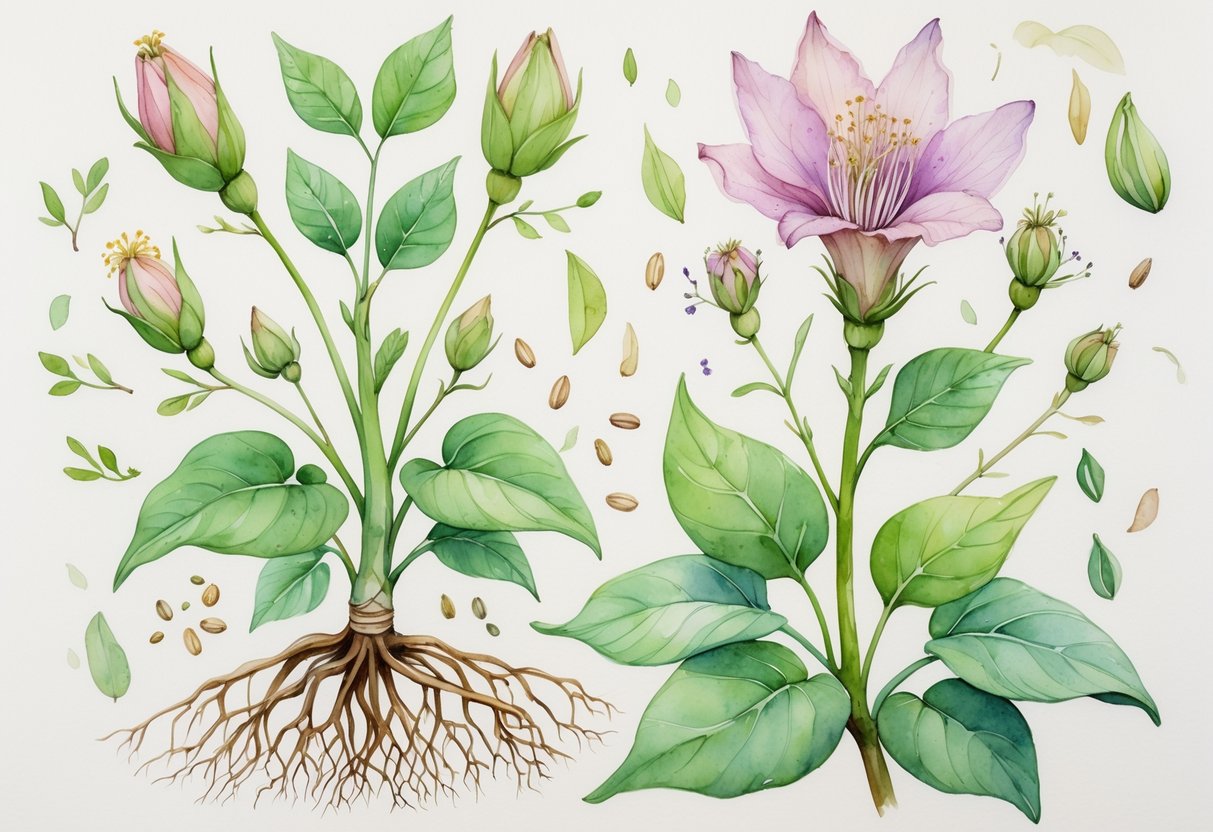 Biljka cvjetnjača s vidljivim korijenjem, stabljikom, listovima i cvijetom u punom cvatu.