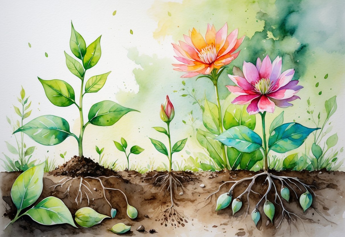 Prikaz životnog ciklusa cvjetajuće biljke od sjemena do zrele biljke s cvjetovima i plodovima.