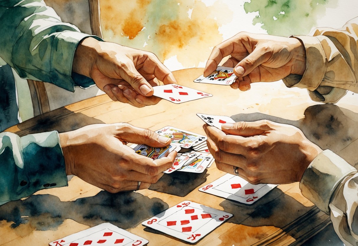 Ruke koje dijele karte oko drvenog stola u prirodnom redoslijedu tijekom igre.